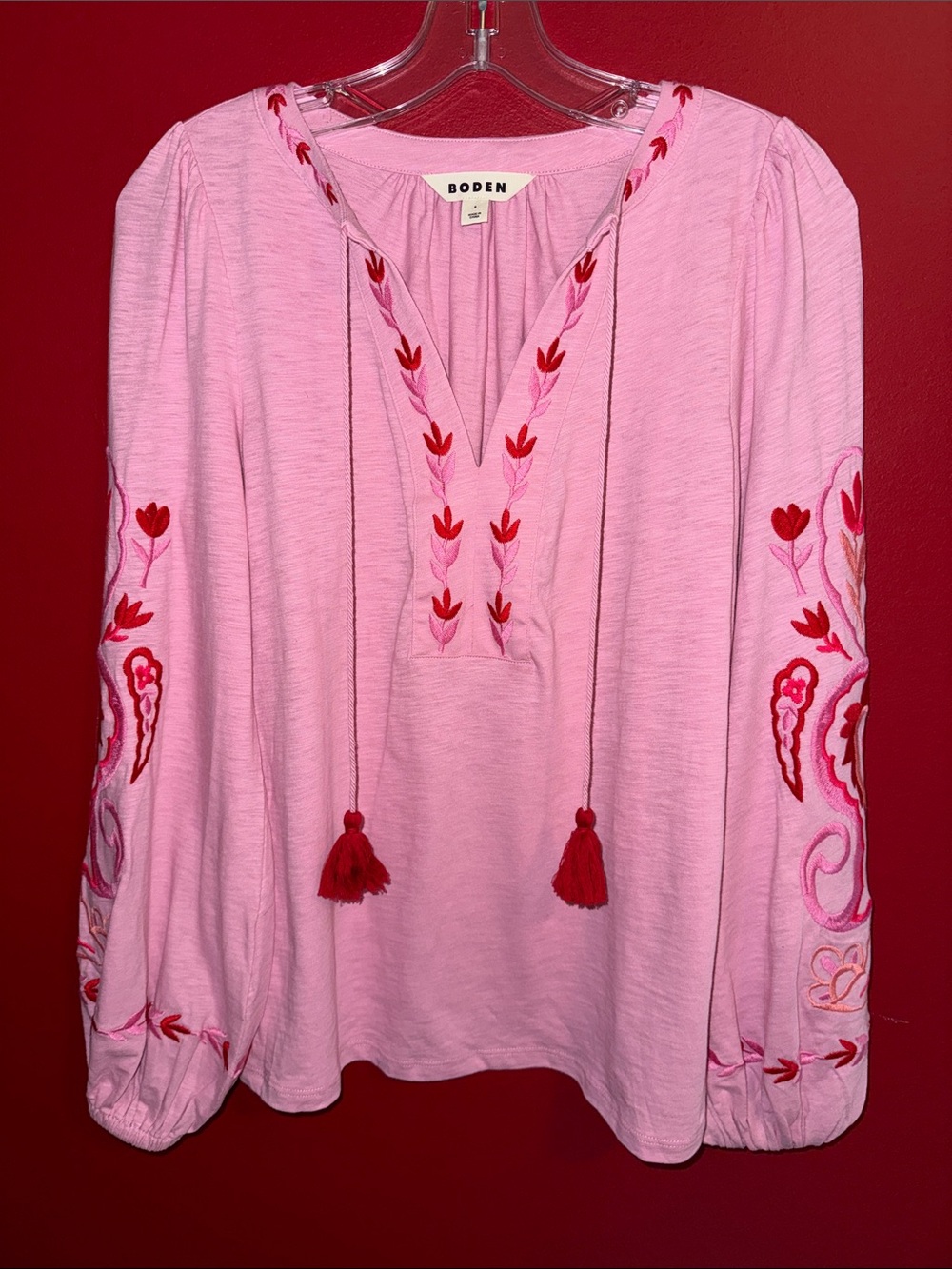 NWOT Boden Nia Embroidered Long Sleeve Cotton Blouse in Formica Pink